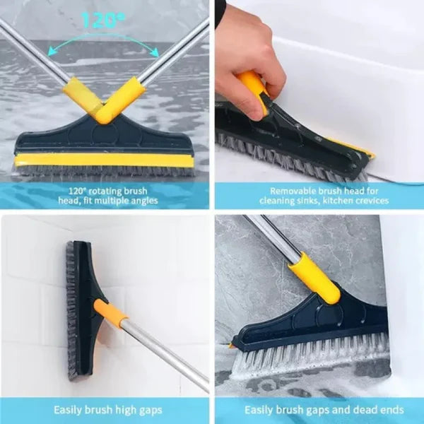 Bathroom Cleaning Brush with Long Handle 2 in1 Bathroom Brush with Wiper 120° Rotating Floor Cleaning Supplies for Household, Kitchen Accessories Items 2 in 1 Floor Scrub Cleaning Brush