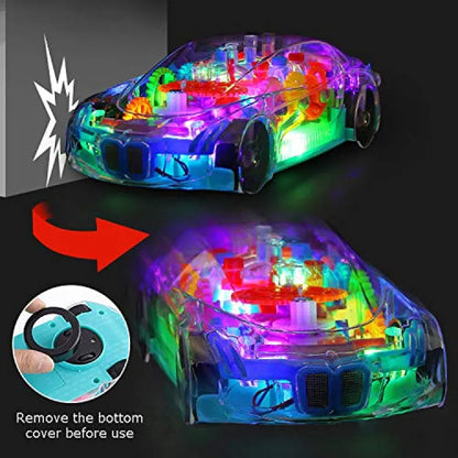 FASTBAZAR Gear Display Transparent Car Toy for Kids - 360 Degree Rotating Concept Racing Vehicle with 3D Flashing LED Lights and Music