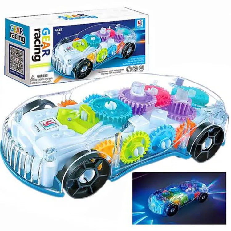 FASTBAZAR Gear Display Transparent Car Toy for Kids - 360 Degree Rotating Concept Racing Vehicle with 3D Flashing LED Lights and Music