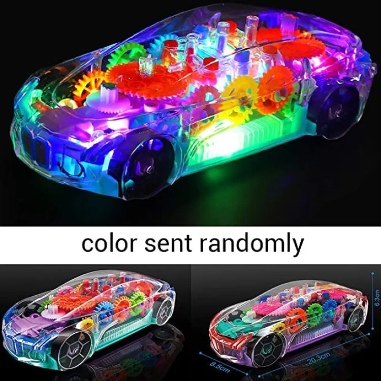 FASTBAZAR Gear Display Transparent Car Toy for Kids - 360 Degree Rotating Concept Racing Vehicle with 3D Flashing LED Lights and Music