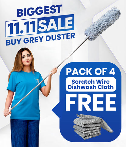 Premium Feather Grey Duster 10 Feet Long & Get 4 FREE Gifts Scratch Wire Dishwash cloths (Imported Quality)