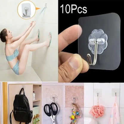 Pack of 10- Magic Hook Without Nails Transparent Strong Sticky Heavy Magic Wall Hook Reusable Adhesive Hooks Suction Cup Hook Hanger Strong Vacuum Holder For Wall Door Bathroom Kit