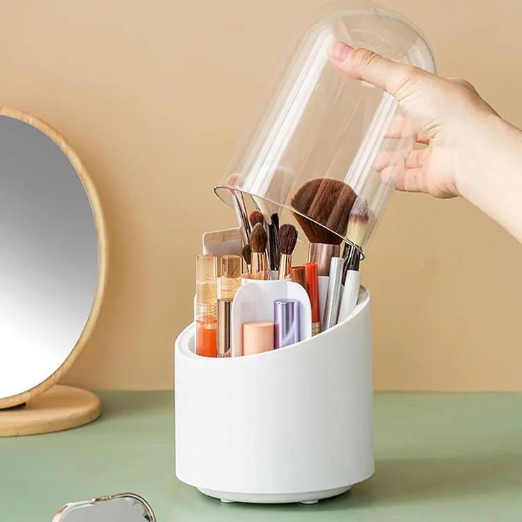 360° Degree Rotating Makeup Brush Holder with Dustproof Lid | Cosmetic Brush Case | Countertop Brushes Holder