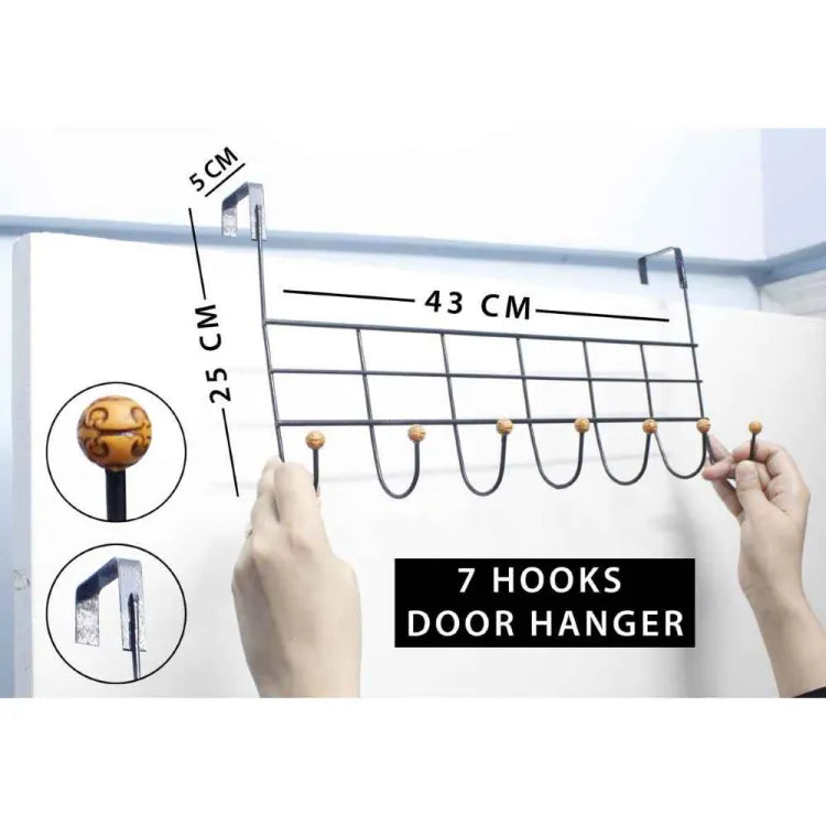 Metal 7 Hook Over Door Hanger, Towel Hook Organizer, Hanging Storage Rack for Hat, Coats, Purses, Scarves, Clothes, Jackets, Belt, Bedroom, Bathroom, Closet