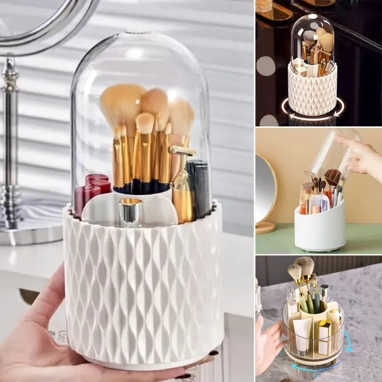 360° Degree Rotating Makeup Brush Holder with Dustproof Lid | Cosmetic Brush Case | Countertop Brushes Holder