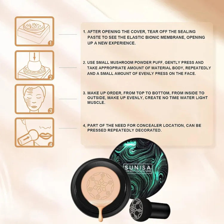 Sunisa Foundation 3 in 1 Base Water proof Mushroom Head Air Cushion BB CC Cream Moisturizing Liquid Foundation with Sponge