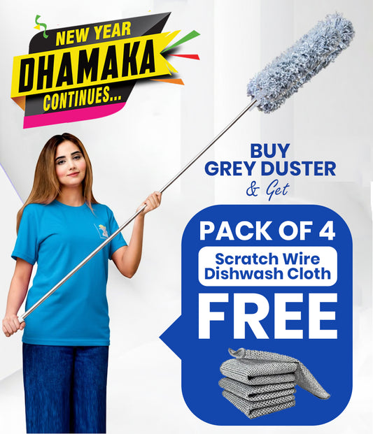 Premium Feather Grey Duster 10 Feet Long & Get 4 FREE Gifts Scratch Wire Dishwash cloths (Imported Quality)