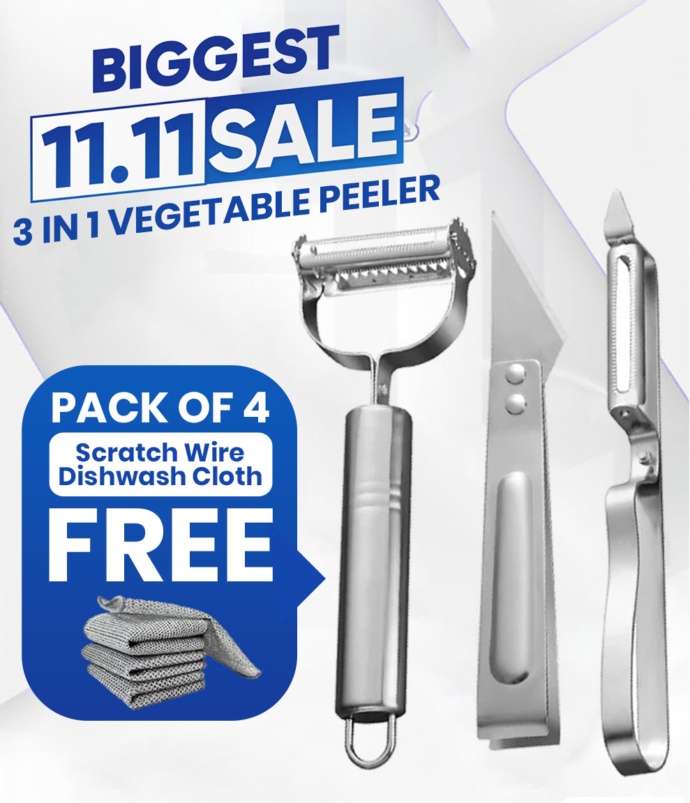 3 in 1 Fruit and Vegetable Peeler (Pack of 3) with FREE Gift Pack of 4 Dishwash Wire Cloths